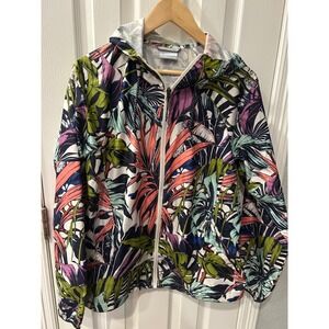 ❤️ Columbia Windbreaker Jacket Multicolor Tropical Palm Toucan Print‎ Hooded